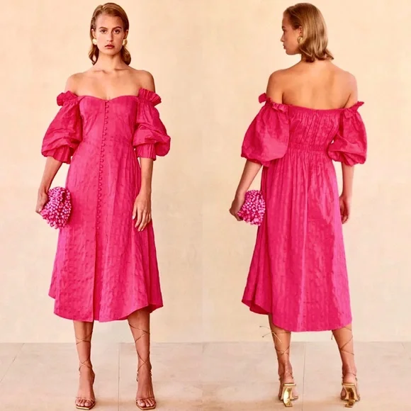 🌺🎉HP🎉🌺 NWT Cult Gaia Simona Off-The-Shoulder Ruffled Midi Dress Dragonfruit - Picture 9 of 16